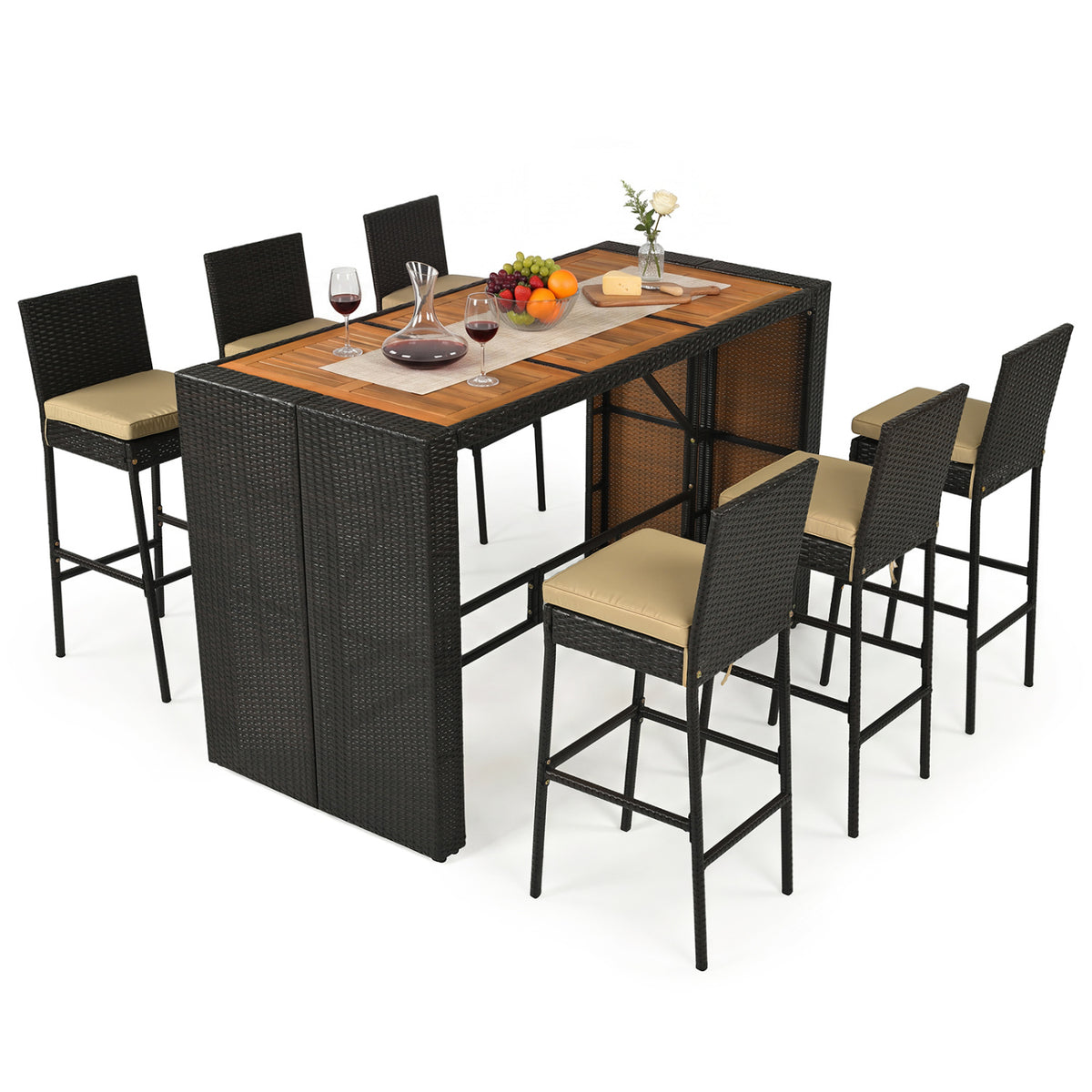 7-Piece Outdoor PE Wicker Bar Set with Bar Height Table and 6 Cushioned Stools for Yard-Brown view 4