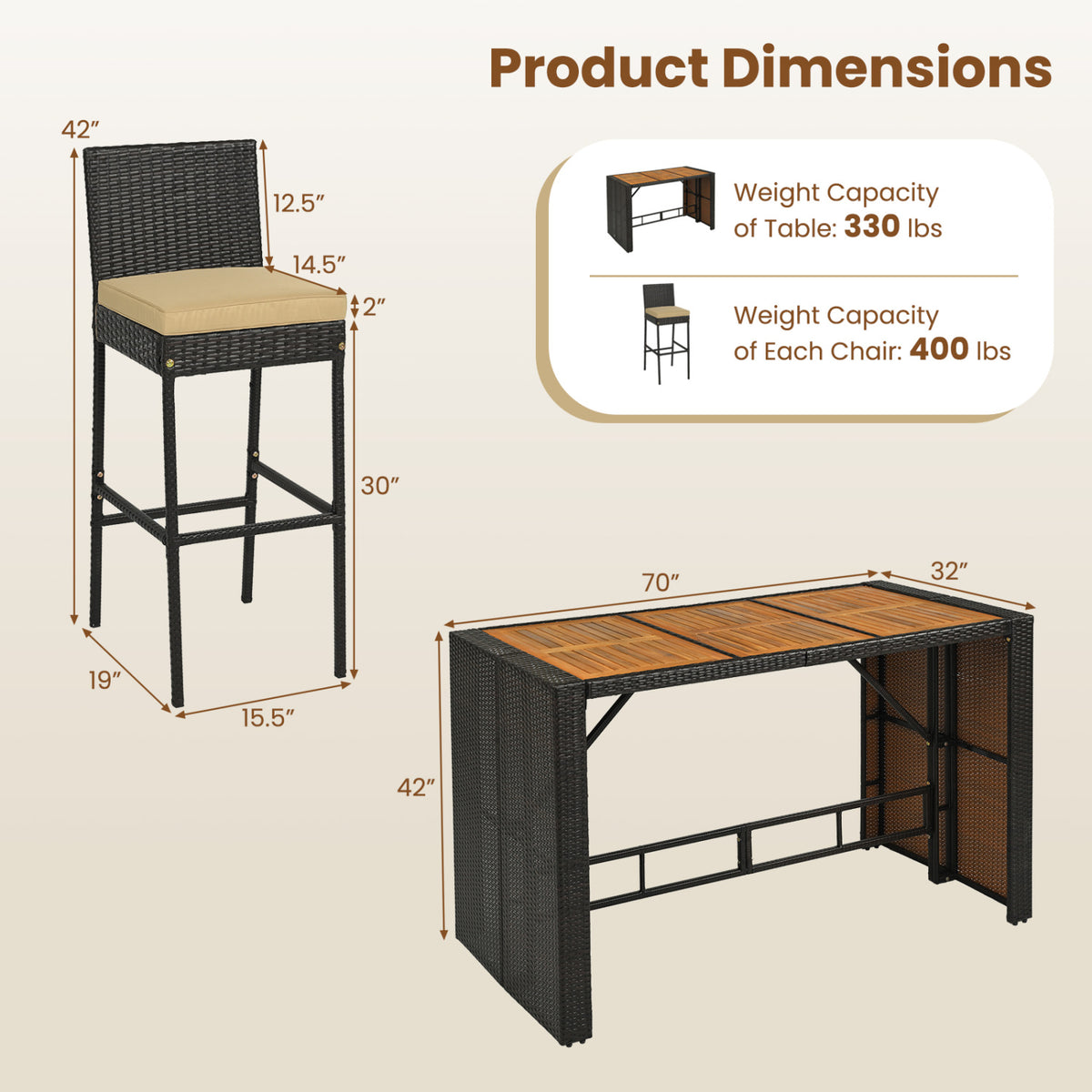 7-Piece Outdoor PE Wicker Bar Set with Bar Height Table and 6 Cushioned Stools for Yard-Brown view 5