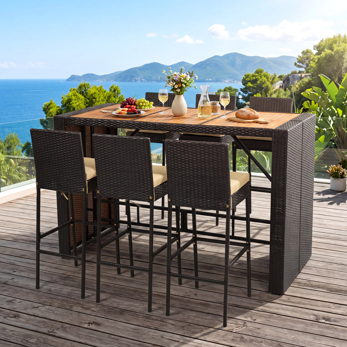 7-Piece Outdoor PE Wicker Bar Set with Bar Height Table and 6 Cushioned Stools for Yard-Brown view 6