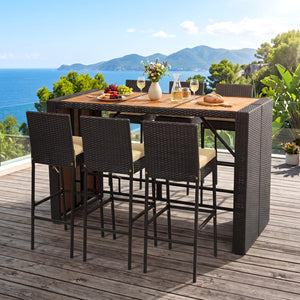 7-Piece Outdoor PE Wicker Bar Set with Bar Height Table and 6 Cushioned Stools for Yard-Brown view 6