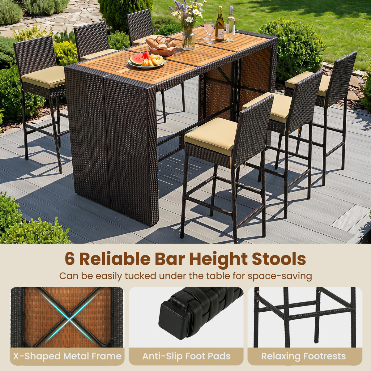 7-Piece Outdoor PE Wicker Bar Set with Bar Height Table and 6 Cushioned Stools for Yard-Brown view 9