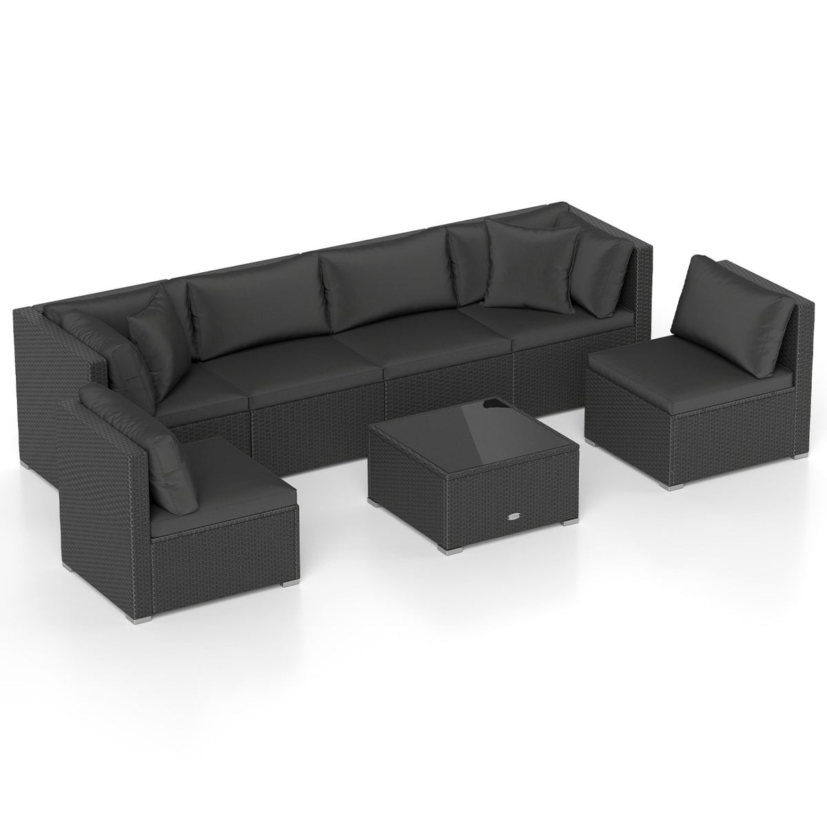 7 Pieces Outdoor Sectional Wicker Patio Furniture Sofa Set with Tempered Glass Top and Softy Cushions-Black