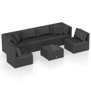 7 Pieces Outdoor Sectional Wicker Patio Furniture Sofa Set with Tempered Glass Top and Softy Cushions-Black