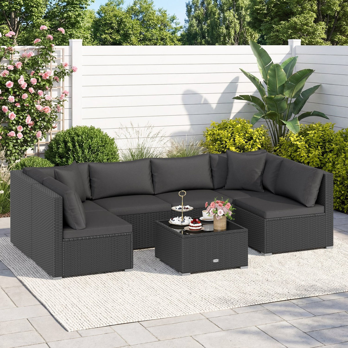 7 Pieces Outdoor Sectional Wicker Patio Furniture Sofa Set with Tempered Glass Top and Softy Cushions-Black view 2