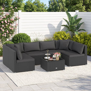 7 Pieces Outdoor Sectional Wicker Patio Furniture Sofa Set with Tempered Glass Top and Softy Cushions-Black view 2