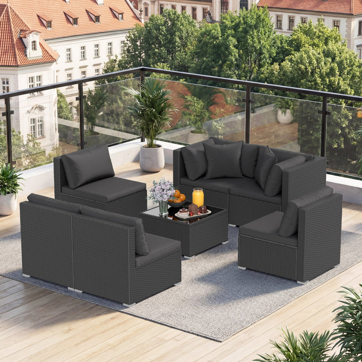 7 Pieces Outdoor Sectional Wicker Patio Furniture Sofa Set with Tempered Glass Top and Softy Cushions-Black view 3