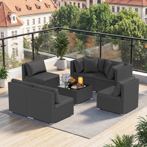 7 Pieces Outdoor Sectional Wicker Patio Furniture Sofa Set with Tempered Glass Top and Softy Cushions-Black view 3