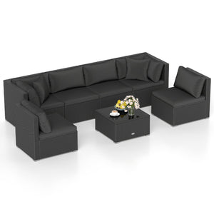7 Pieces Outdoor Sectional Wicker Patio Furniture Sofa Set with Tempered Glass Top and Softy Cushions-Black view 4