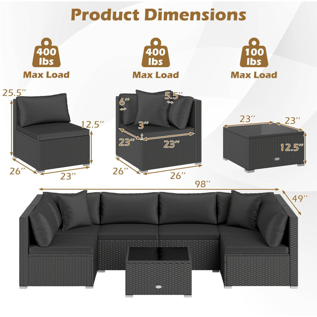 7 Pieces Outdoor Sectional Wicker Patio Furniture Sofa Set with Tempered Glass Top and Softy Cushions-Black view 5