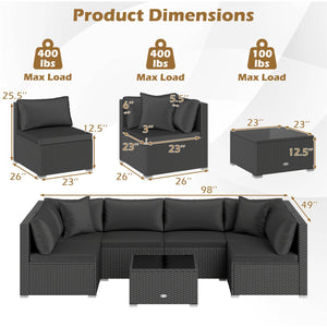 7 Pieces Outdoor Sectional Wicker Patio Furniture Sofa Set with Tempered Glass Top and Softy Cushions-Black view 5