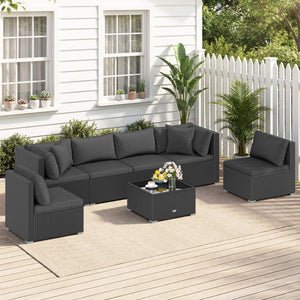 7 Pieces Outdoor Sectional Wicker Patio Furniture Sofa Set with Tempered Glass Top and Softy Cushions-Black view 6