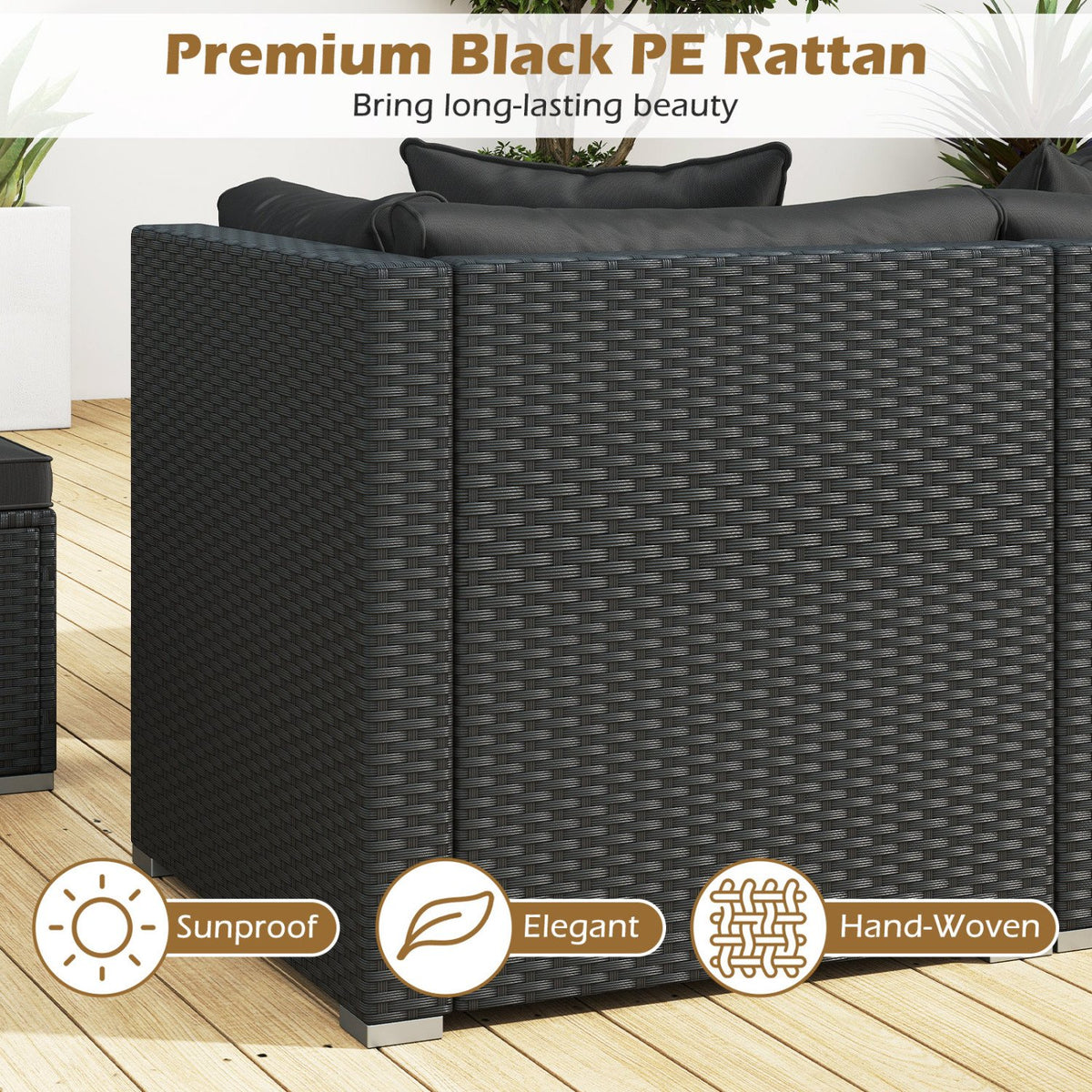 7 Pieces Outdoor Sectional Wicker Patio Furniture Sofa Set with Tempered Glass Top and Softy Cushions-Black view 7