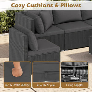 7 Pieces Outdoor Sectional Wicker Patio Furniture Sofa Set with Tempered Glass Top and Softy Cushions-Black view 8
