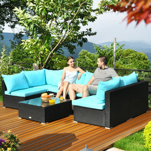 7-Piece Outdoor Sectional Wicker Patio Sofa Set with Tempered Glass Top-Blue view 2