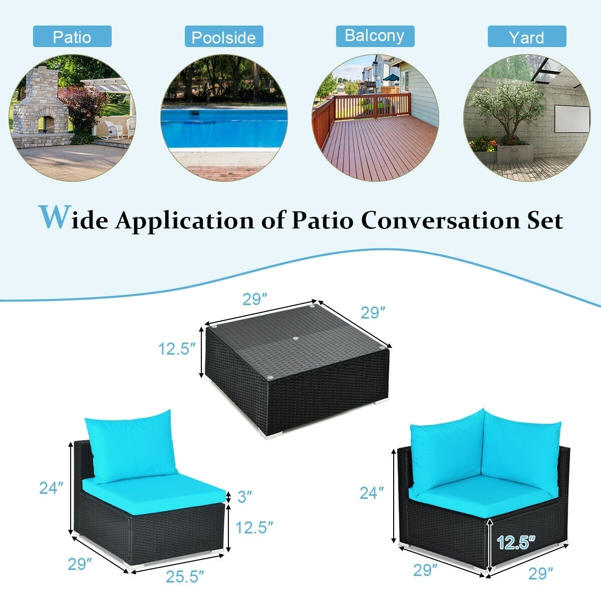 7-Piece Outdoor Sectional Wicker Patio Sofa Set with Tempered Glass Top-Blue view 3