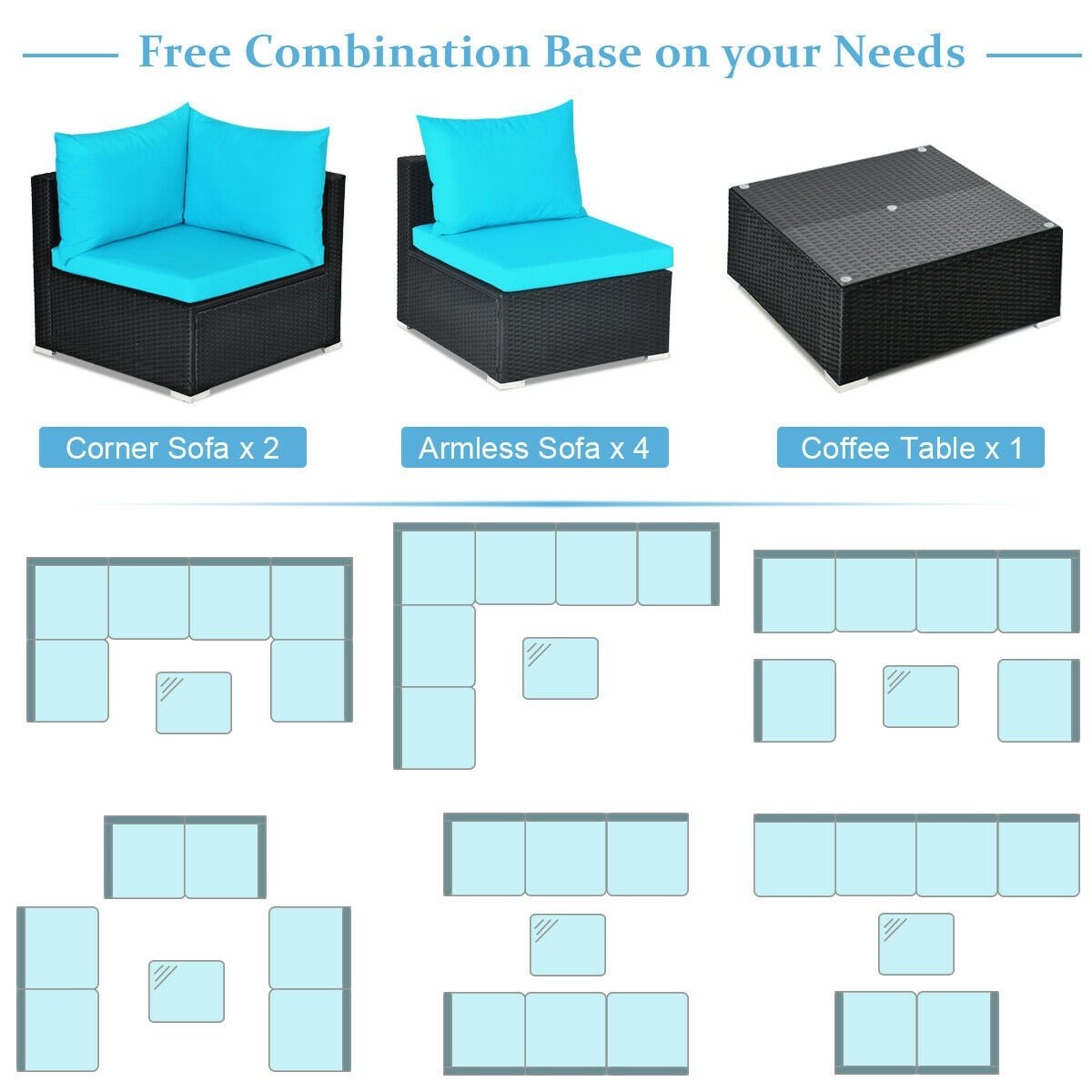 7-Piece Outdoor Sectional Wicker Patio Sofa Set with Tempered Glass Top-Blue view 4