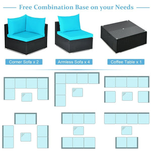 7-Piece Outdoor Sectional Wicker Patio Sofa Set with Tempered Glass Top-Blue view 4
