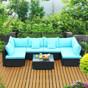 7-Piece Outdoor Sectional Wicker Patio Sofa Set with Tempered Glass Top-Blue view 5