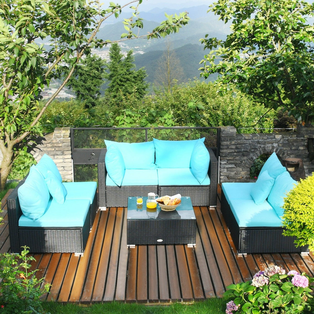 7-Piece Outdoor Sectional Wicker Patio Sofa Set with Tempered Glass Top-Blue view 6