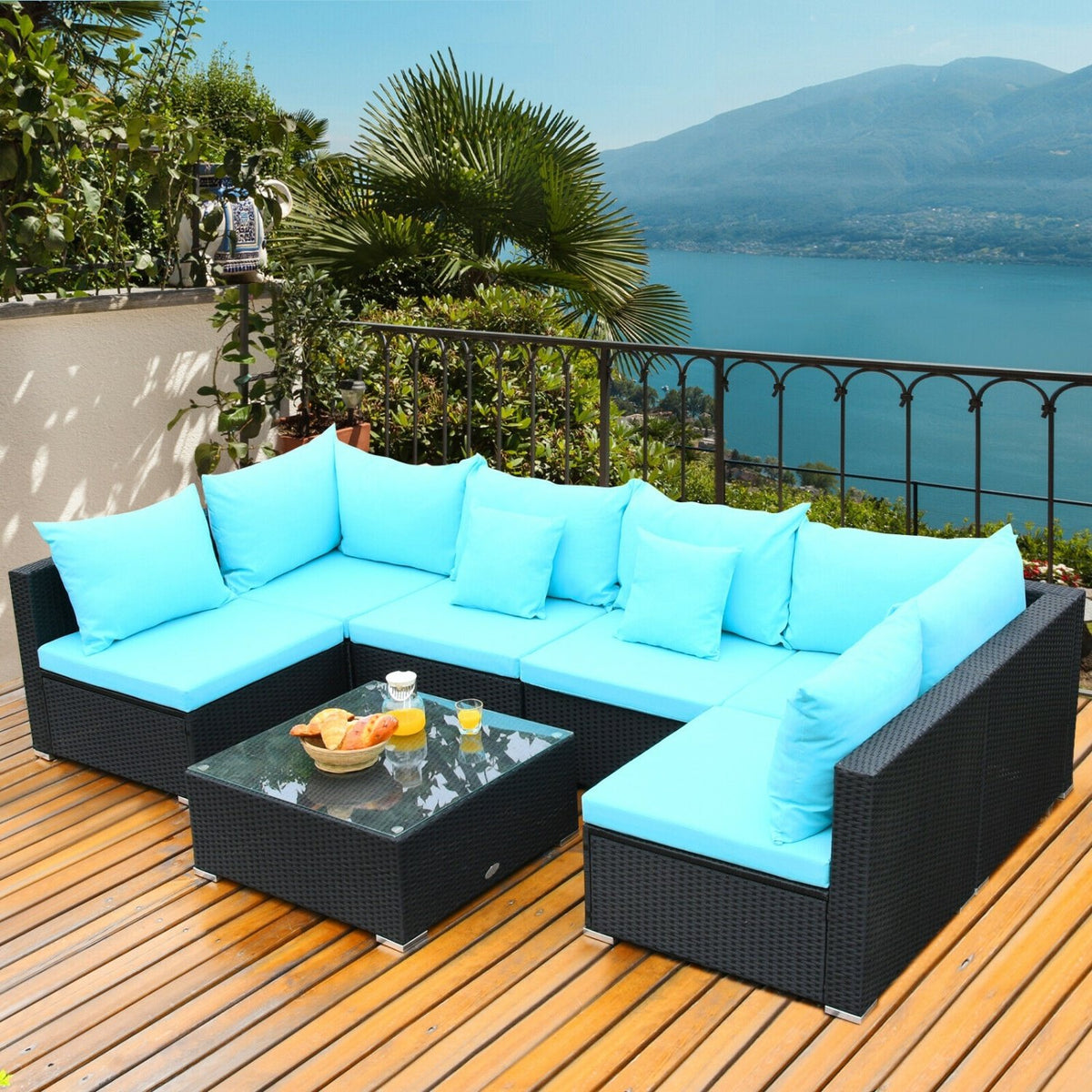 7-Piece Outdoor Sectional Wicker Patio Sofa Set with Tempered Glass Top-Blue view 7