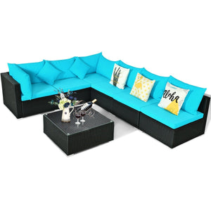 7-Piece Outdoor Sectional Wicker Patio Sofa Set with Tempered Glass Top-Blue view 8