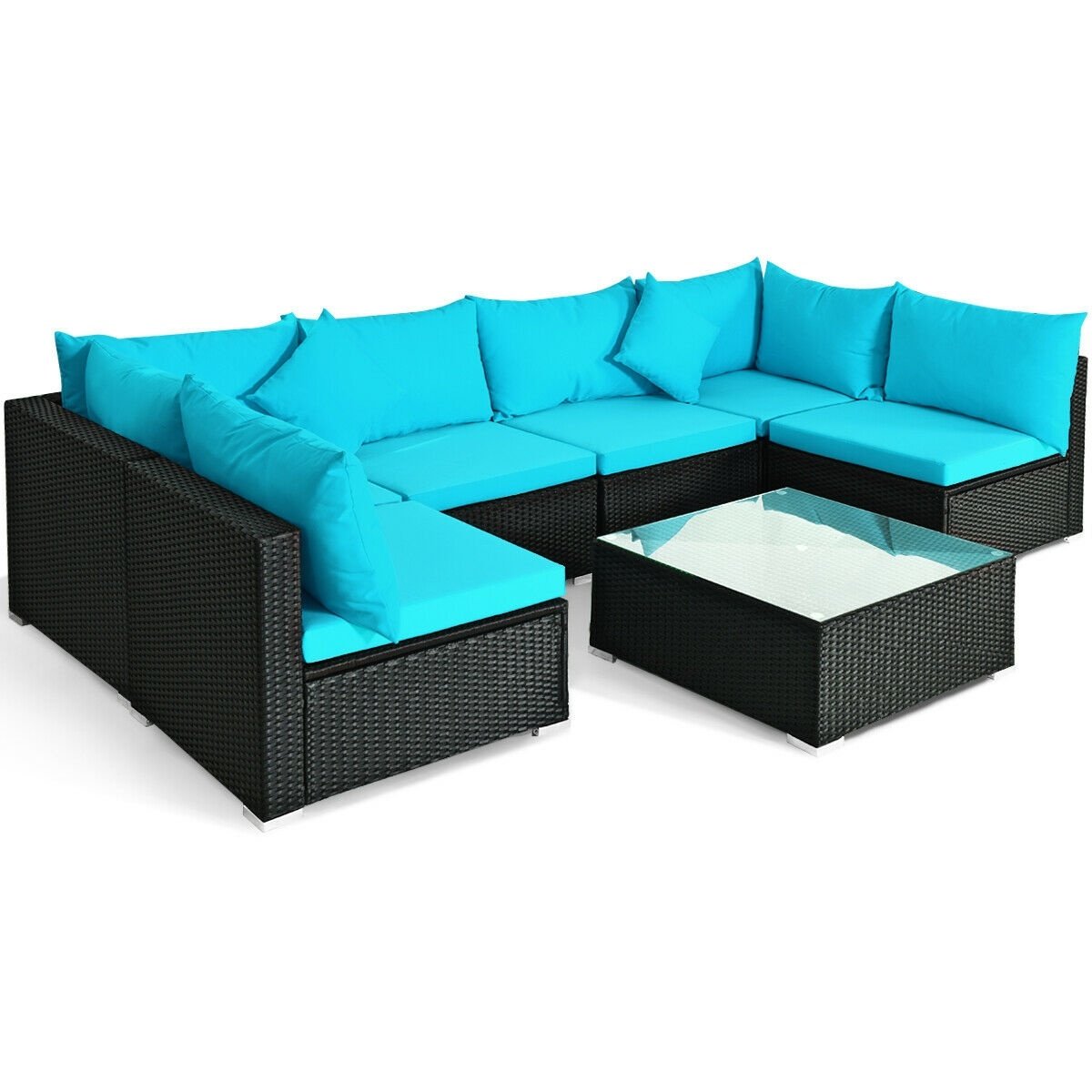7-Piece Outdoor Sectional Wicker Patio Sofa Set with Tempered Glass Top-Blue view 9