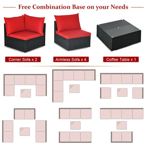 7 Pieces Sectional Wicker Furniture Sofa Set with Tempered Glass Top-Red view 5
