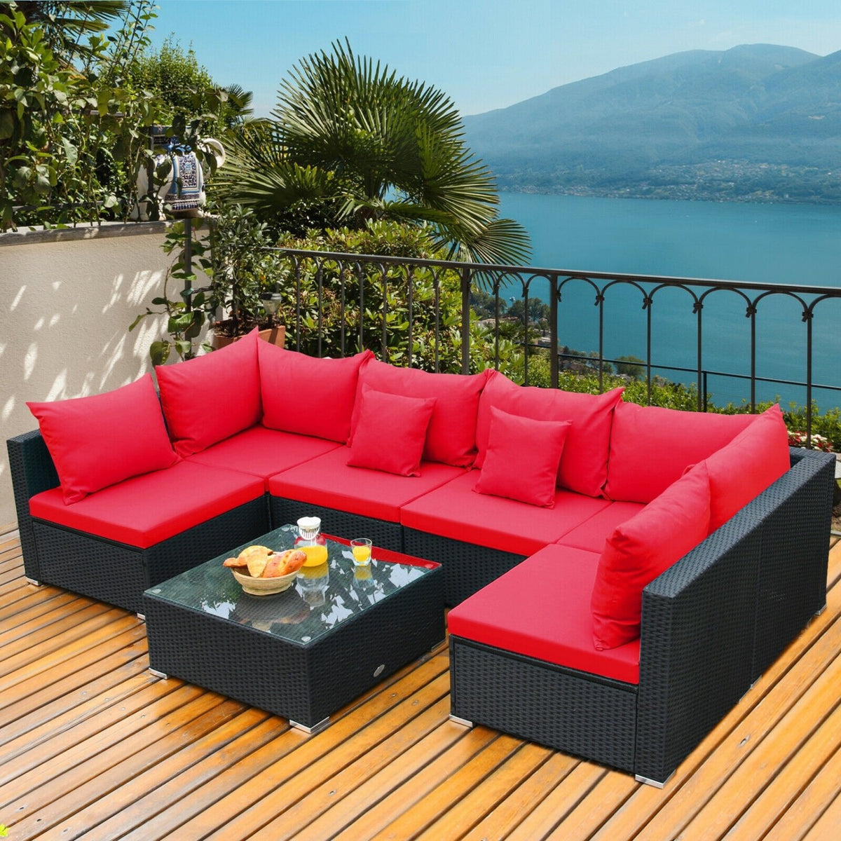 7 Pieces Sectional Wicker Furniture Sofa Set with Tempered Glass Top-Red view 6