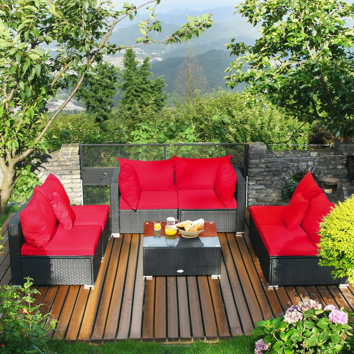7 Pieces Sectional Wicker Furniture Sofa Set with Tempered Glass Top-Red view 7