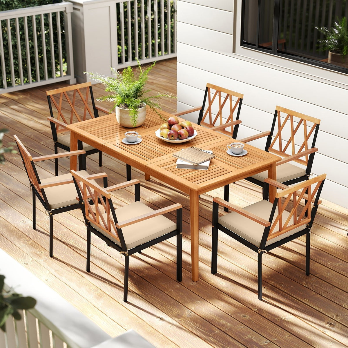7 Piece Patio Acacia Wood Dining Set Solid Wooden Dining Furniture with Umbrella Hole view 2