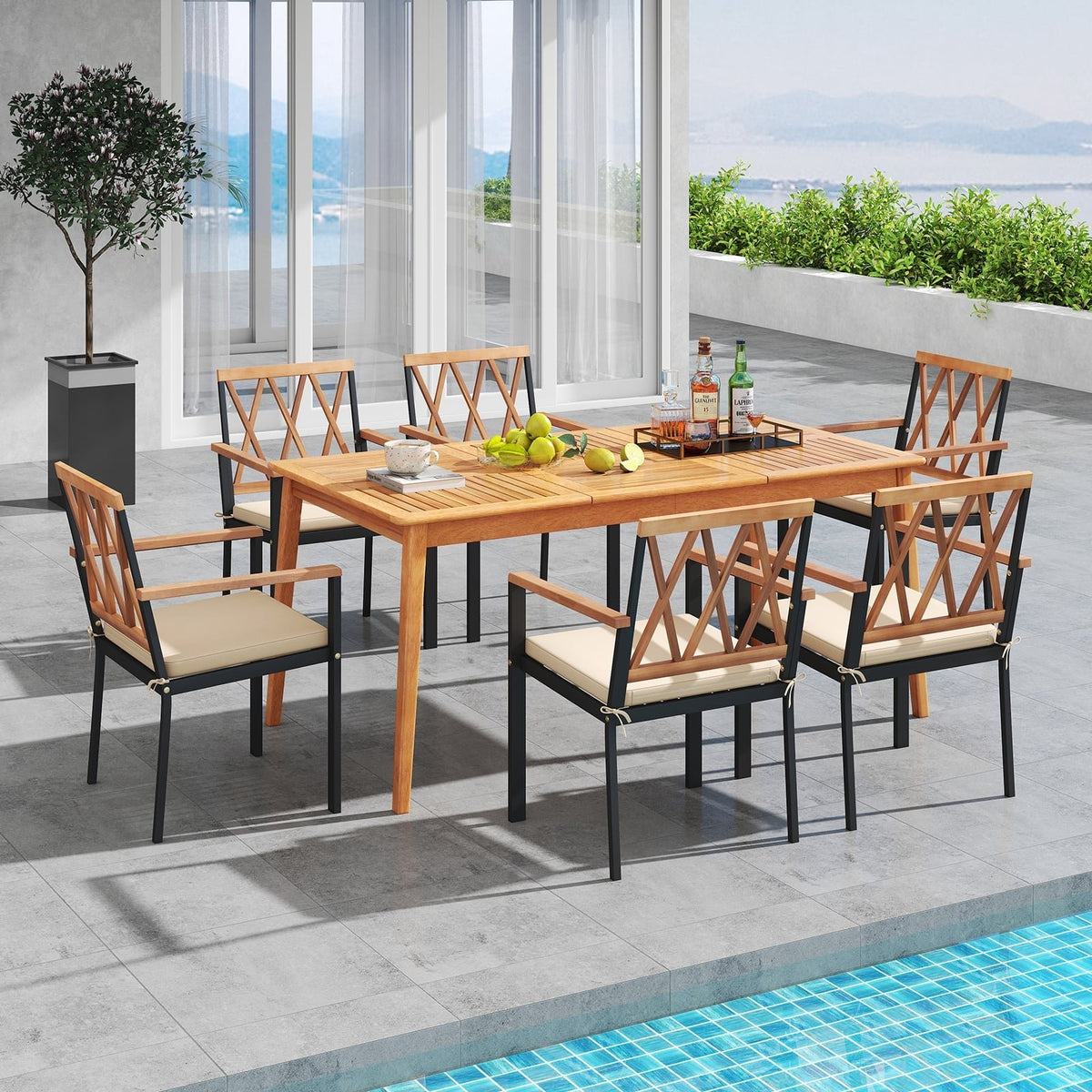 7 Piece Patio Acacia Wood Dining Set Solid Wooden Dining Furniture with Umbrella Hole view 3