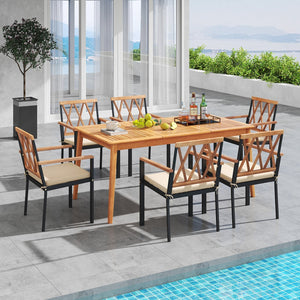 7 Piece Patio Acacia Wood Dining Set Solid Wooden Dining Furniture with Umbrella Hole view 3