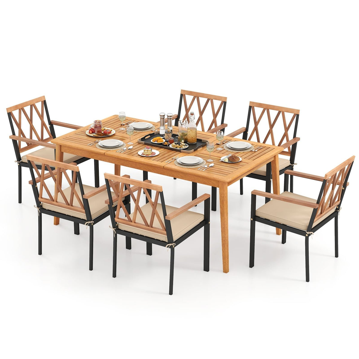 7 Piece Patio Acacia Wood Dining Set Solid Wooden Dining Furniture with Umbrella Hole view 4