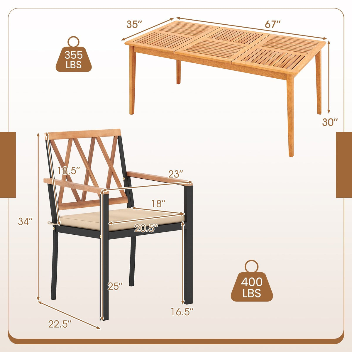 7 Piece Patio Acacia Wood Dining Set Solid Wooden Dining Furniture with Umbrella Hole view 5