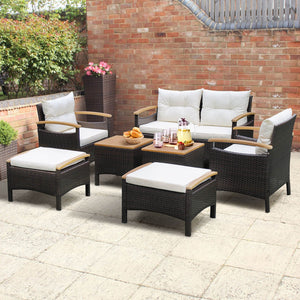 7 Piece Rattan Patio Sofa Set with Acacia Wood Tabletop and Armrests view 2