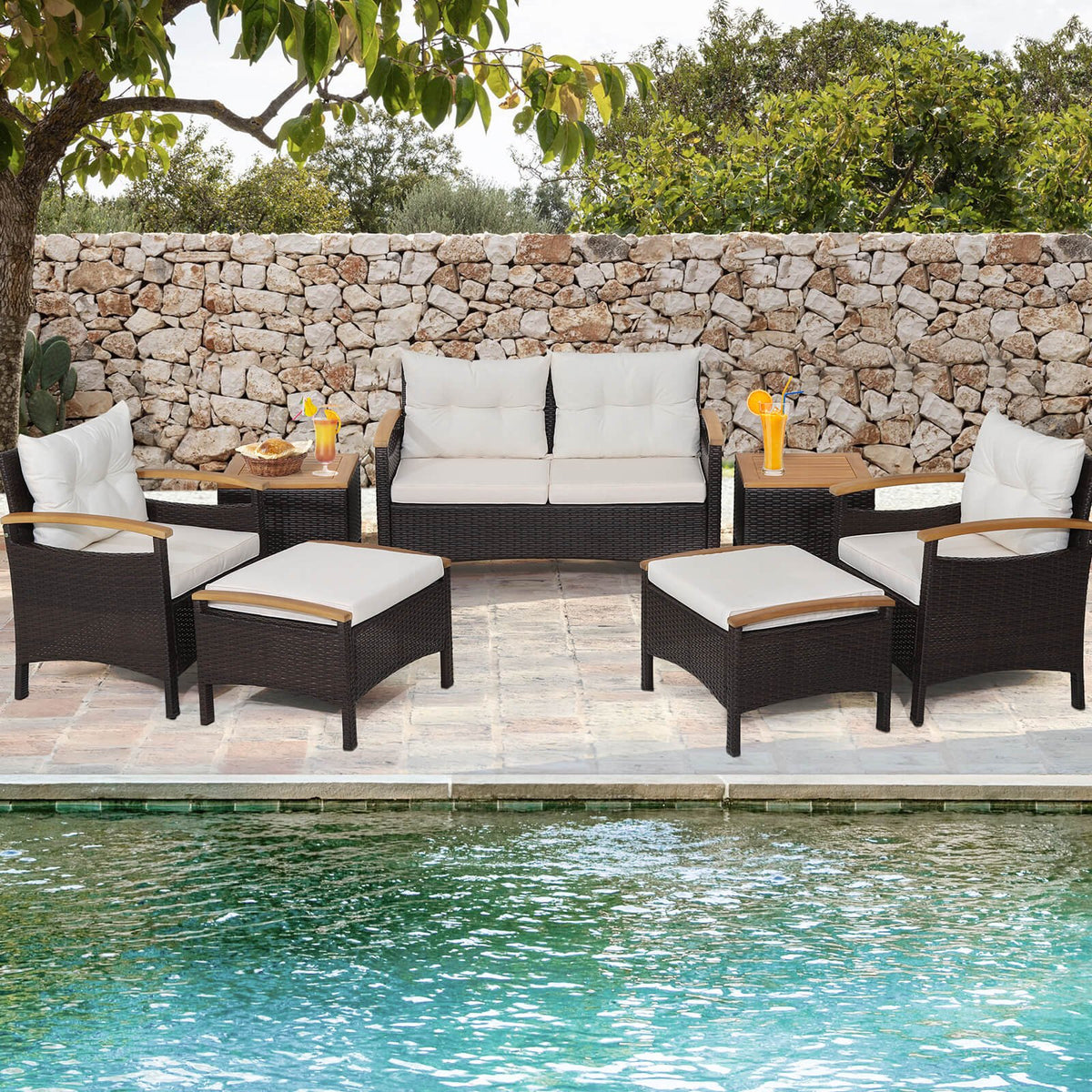 7 Piece Rattan Patio Sofa Set with Acacia Wood Tabletop and Armrests view 3