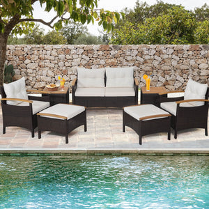 7 Piece Rattan Patio Sofa Set with Acacia Wood Tabletop and Armrests view 3