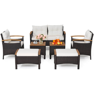7 Piece Rattan Patio Sofa Set with Acacia Wood Tabletop and Armrests view 4