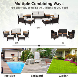 7 Piece Rattan Patio Sofa Set with Acacia Wood Tabletop and Armrests view 6