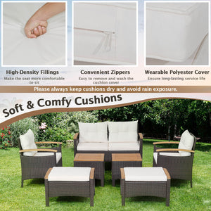 7 Piece Rattan Patio Sofa Set with Acacia Wood Tabletop and Armrests view 7