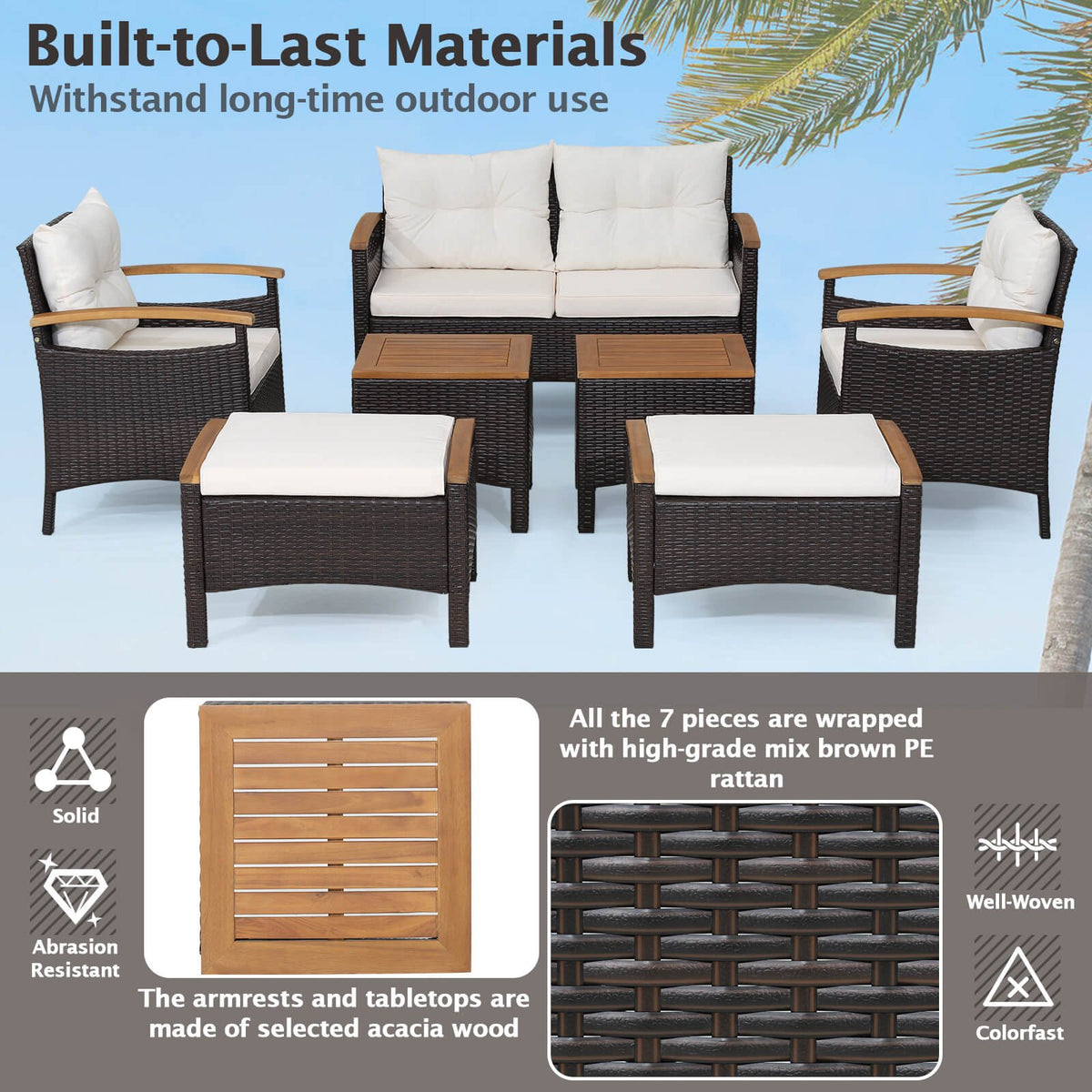 7 Piece Rattan Patio Sofa Set with Acacia Wood Tabletop and Armrests view 8