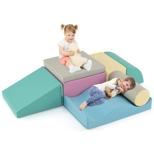 7-Piece Soft Play Equipment with Zippered PU Cover Indoor Foam Climbing Blocks-Blue view 4