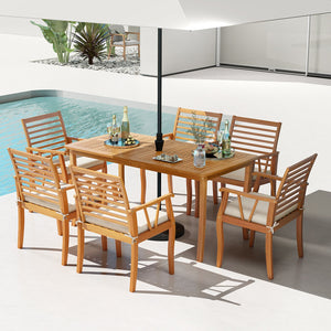 7 Pieces Acacia Wood Patio Dining Set with 1.97 Inch Umbrella Hole and Padded Cushions view 3