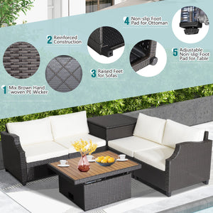 7 Pieces Hand-Woven Wicker Outdoor Furniture Set with Acacia Wood Coffee Table-White view 2