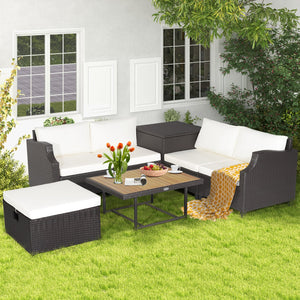 7 Pieces Hand-Woven Wicker Outdoor Furniture Set with Acacia Wood Coffee Table-White view 5