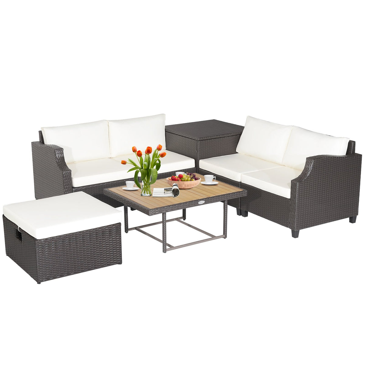 7 Pieces Hand-Woven Wicker Outdoor Furniture Set with Acacia Wood Coffee Table-White view 6