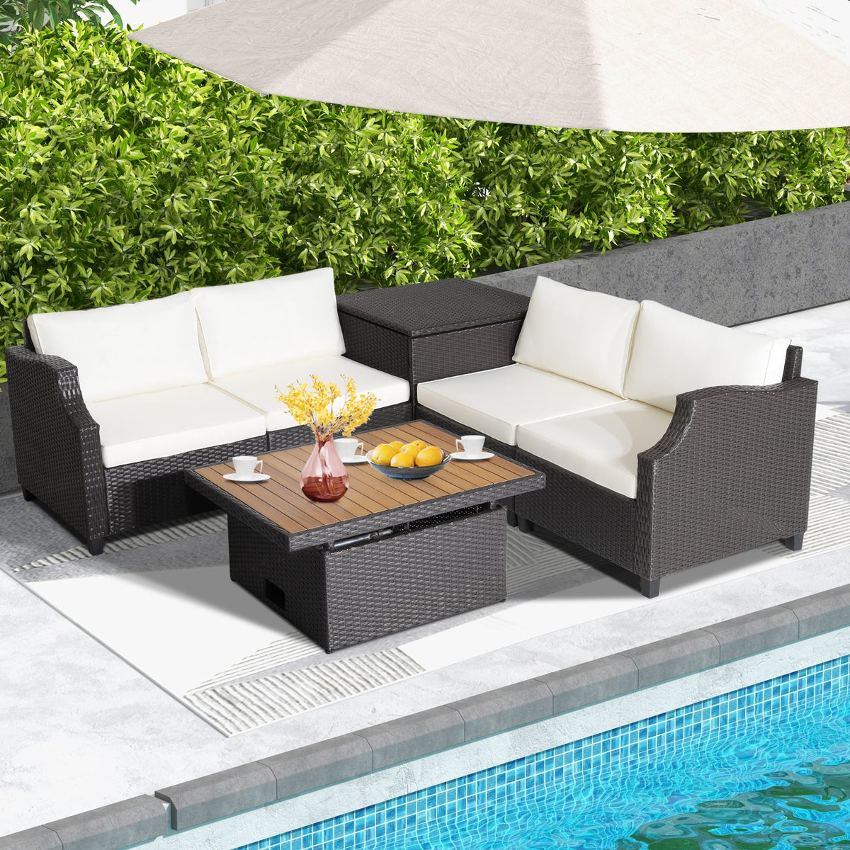 7 Pieces Hand-Woven Wicker Outdoor Furniture Set with Acacia Wood Coffee Table-White view 7