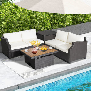 7 Pieces Hand-Woven Wicker Outdoor Furniture Set with Acacia Wood Coffee Table-White view 7