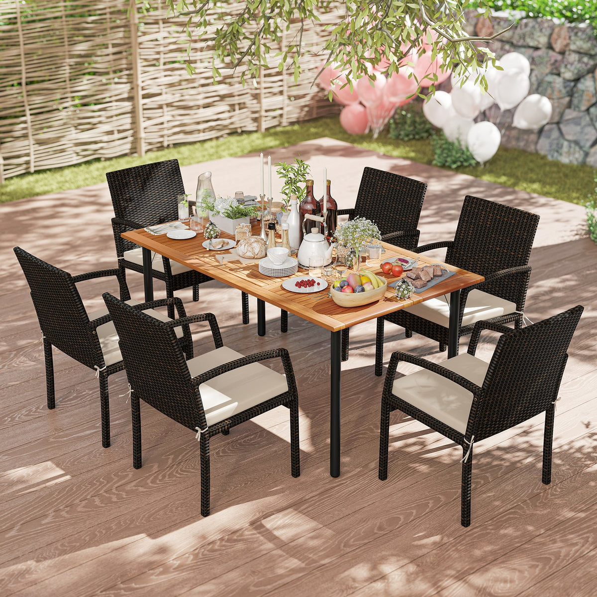 7 Pieces Outdoor Dining Set Acacia Wood Table with Umbrella Hole and Cushions-White view 2