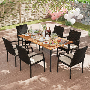 7 Pieces Outdoor Dining Set Acacia Wood Table with Umbrella Hole and Cushions-White view 2